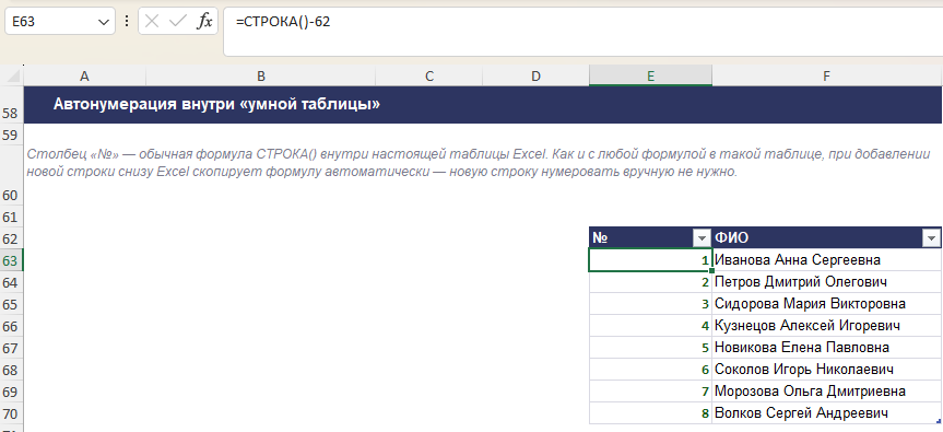 Автонумерация строк внутри умной таблицы Excel