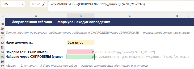 Сравнение результата СЧЁТЕСЛИ до и после очистки пробелов формулой TRIM