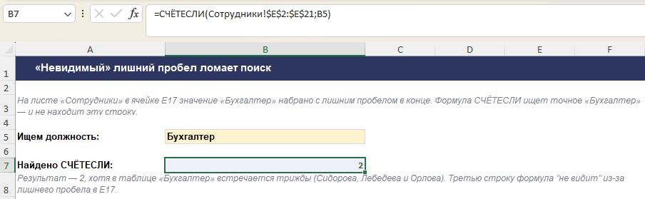 Лишний пробел в конце текста мешает формуле СЧЁТЕСЛИ найти совпадение в Excel