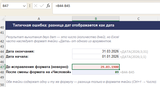 Разница дат в Excel отображается как дата вместо числа — до и после смены формата ячейки