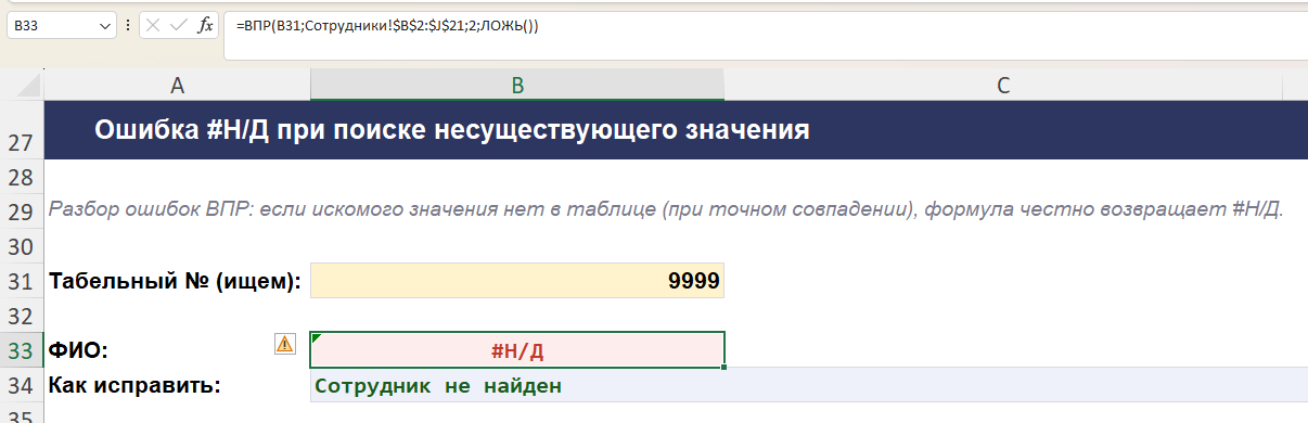 Ошибка #Н/Д в Excel при поиске несуществующего табельного номера формулой ВПР