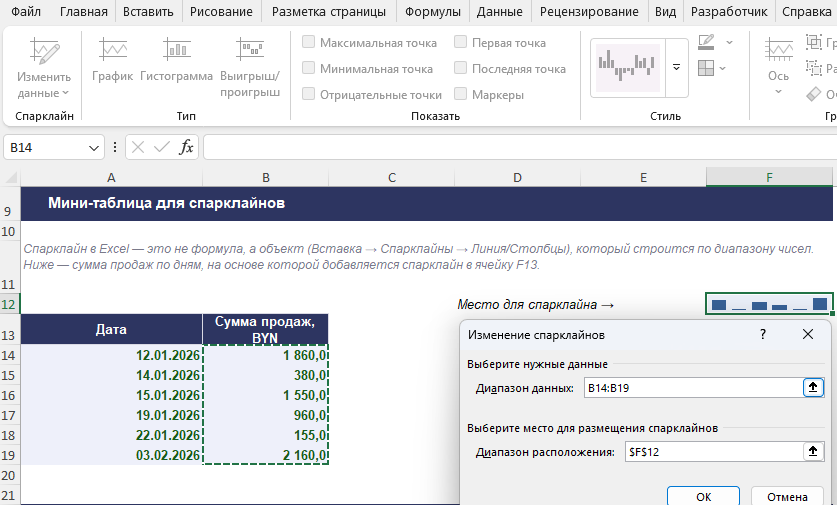 Спарклайны в Excel — мини-график в ячейке рядом с таблицей продаж и диалог выбора диапазона