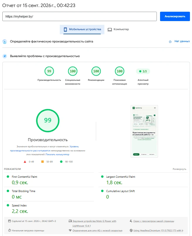 Отчёт PageSpeed Insights для главной страницы myhelper.by, мобильная версия: производительность 99
